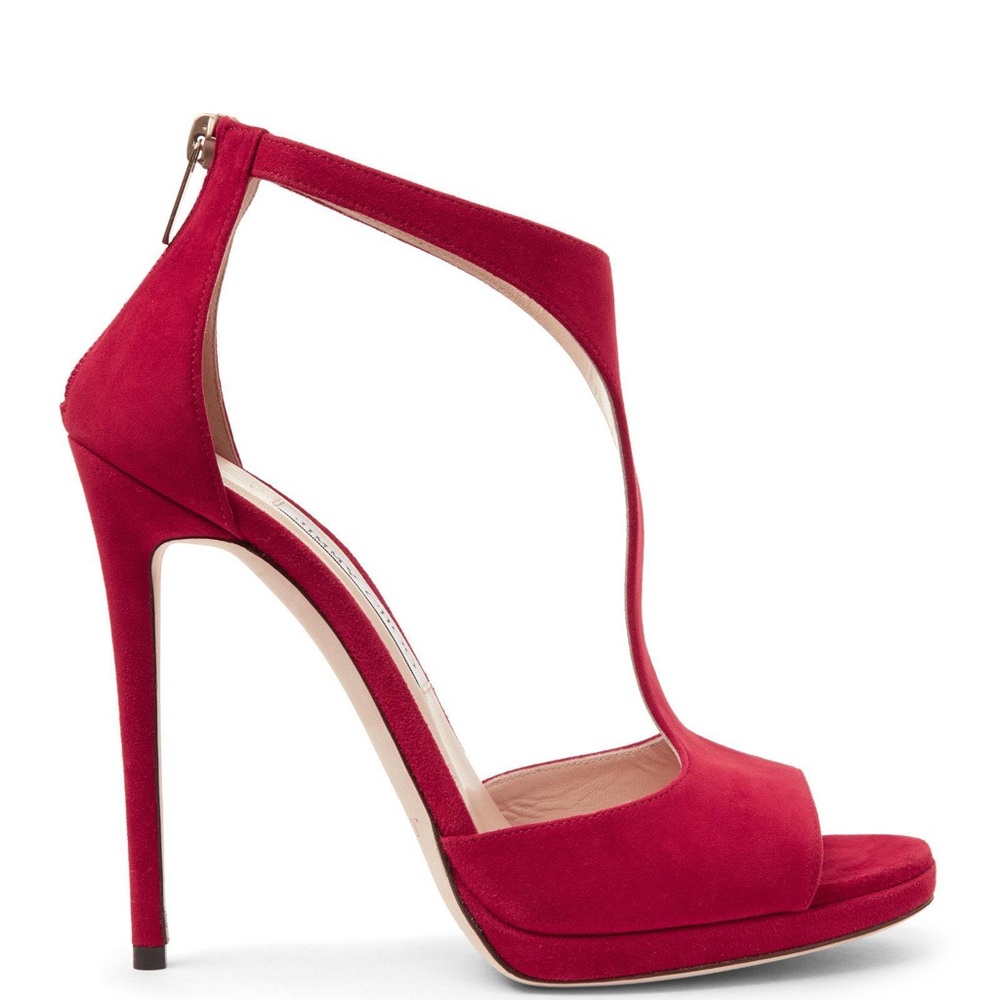 Red Jimmy Choo Lana Suede T-Strap 100mm Heels NEW!